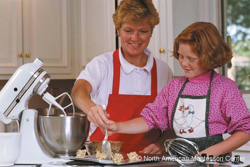 NAMC montessori practical life character work child and mother baking