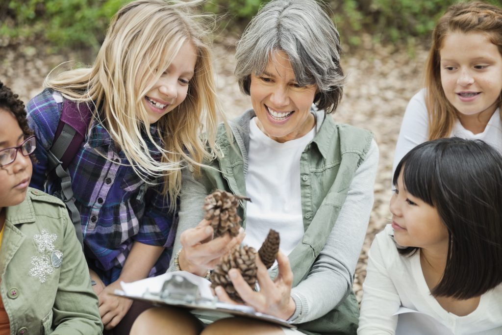 Group of students and teacher out in nature, examining pine cones