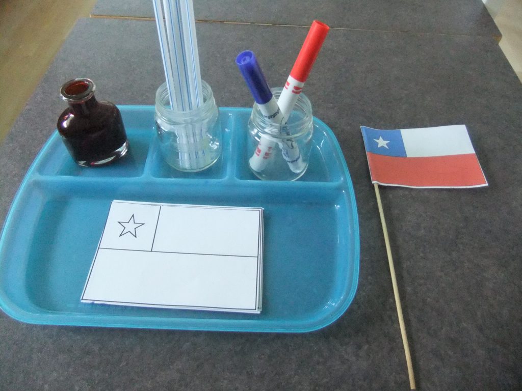 South America flag coloring material: glue, straws, markers, flag to color