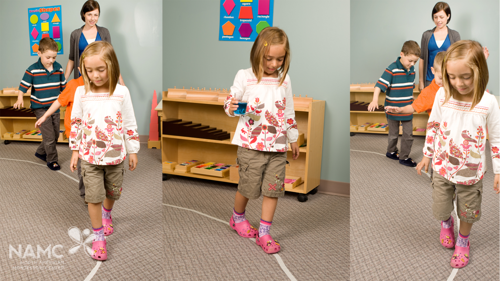 Montessori students walking on the line