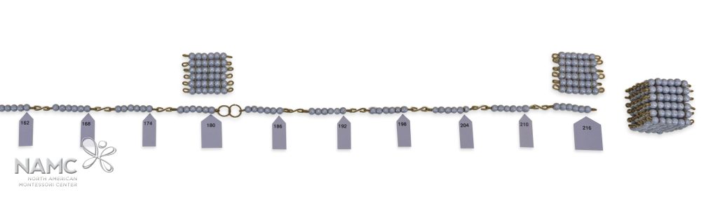Montessori bead chain of 6 with squares and cube