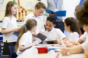 Group of elementary students working on a project together