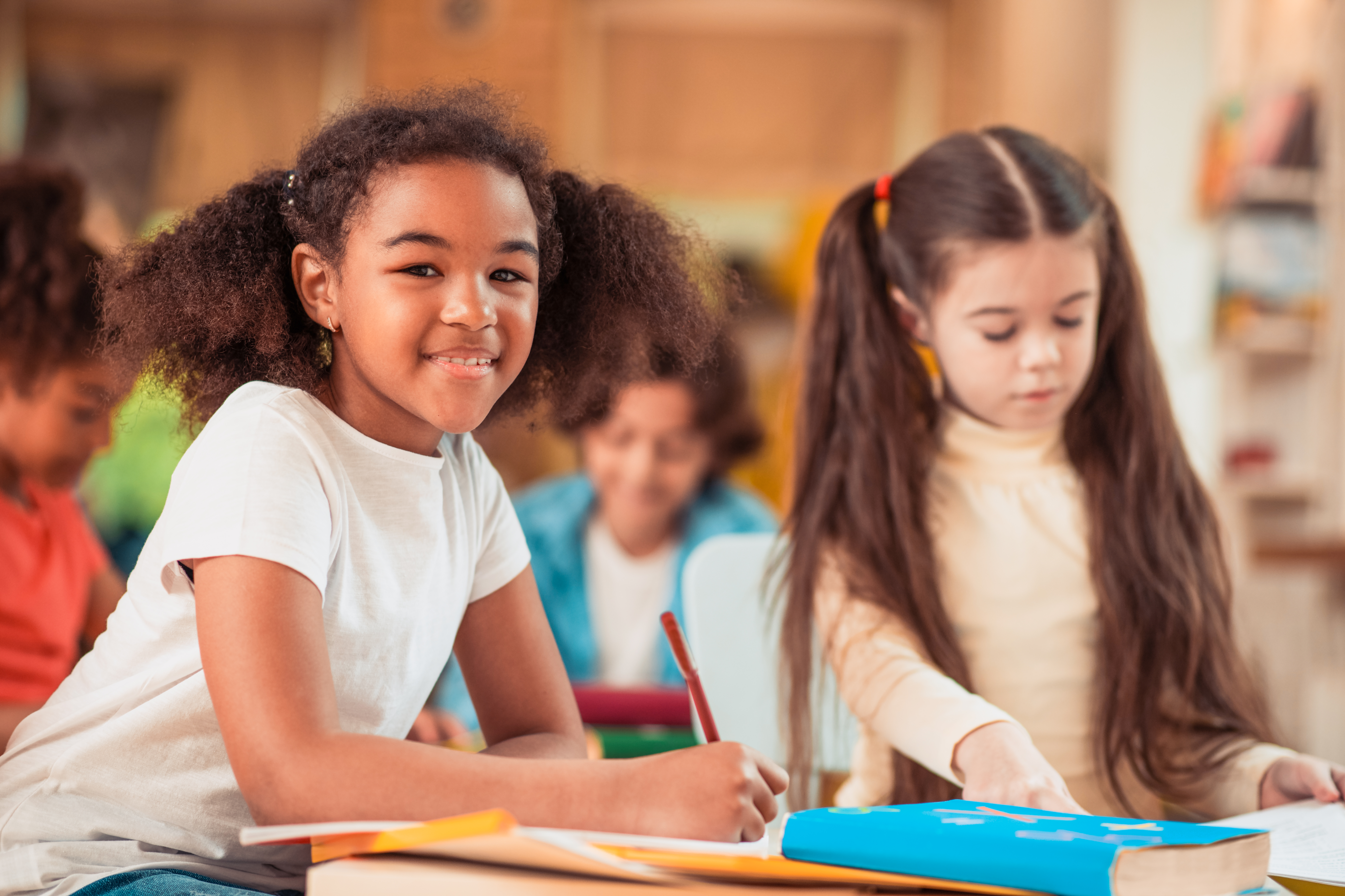 Following the child in the public school system. Two students working at a desk.