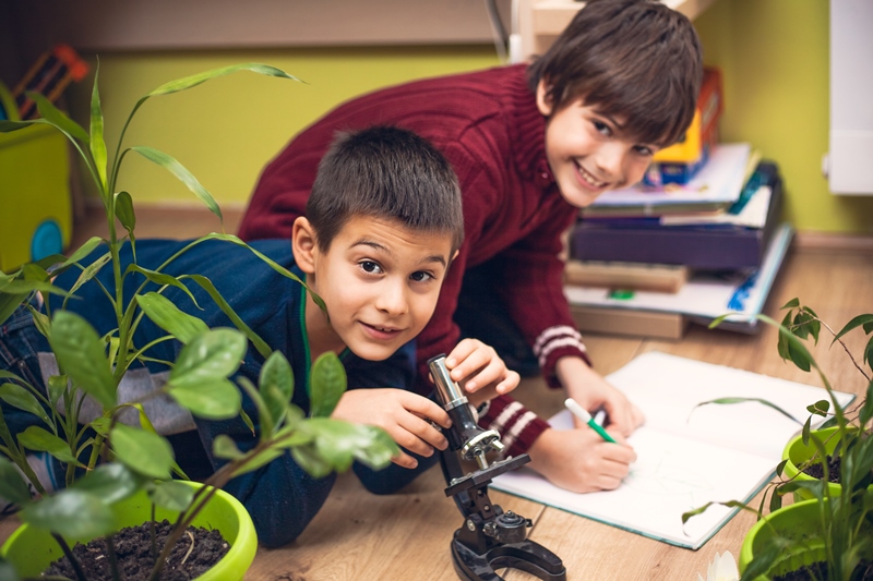 NAMC Montessori Key Lessons boys working with plants and microscope