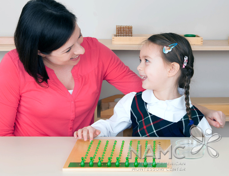 NAMC montessori preparing for interviews student and teacher work with multiplication bead board