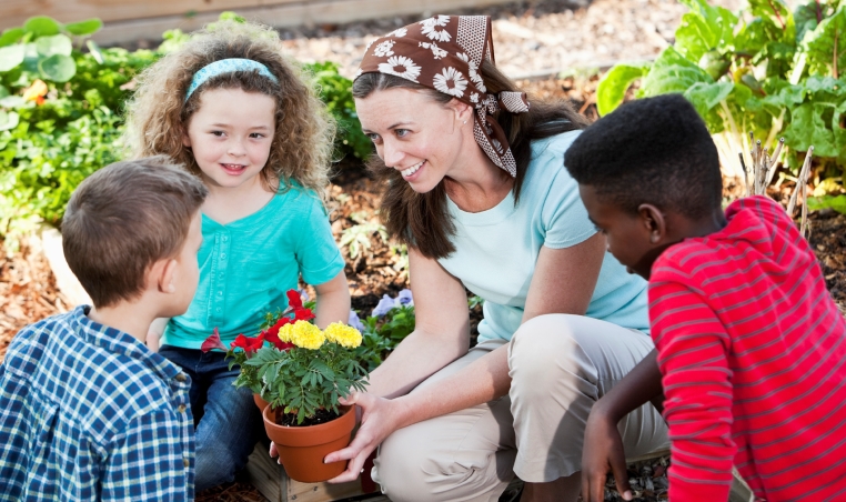 namc montessori lower elementary cosmic education teacher planting flowers with students