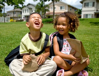 namc montessori savor flavor children with bag lunches laughing